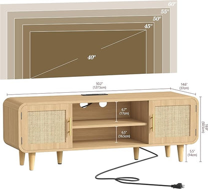 Keehusux Rattan TV Stand for 60 Inch TV, Entertainment Center with Charging Station & Solid Wood Legs, Adjustable Shelf & 2 Cabinet, Boho TV Console, Modern Media Console for Living Room, Natural Oak