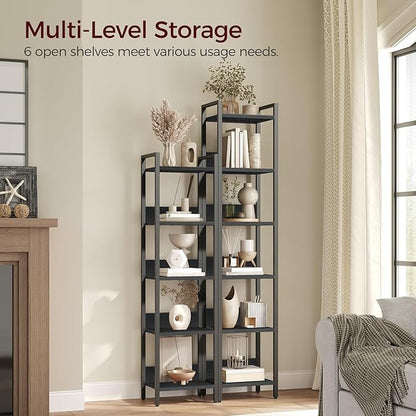 Bookshelf, 6-Tier Bookcase, Standing Book Shelf for Small Space, Storage Shelf Organizer, for Living Room, Bedroom, Study, Balcony, Black BKHB6601