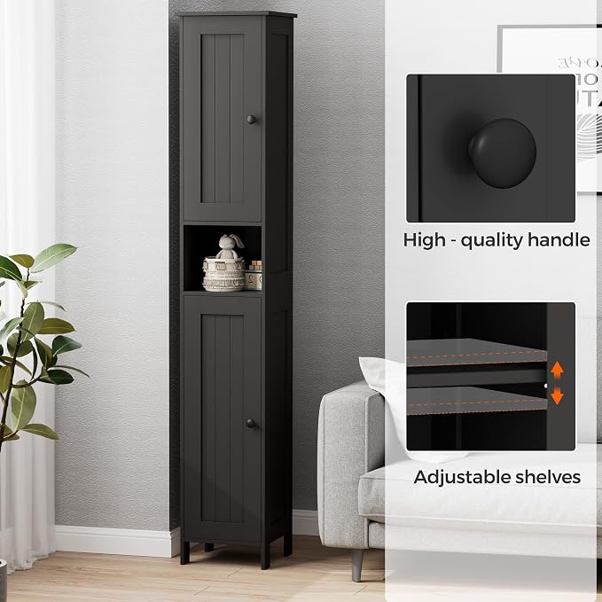 Homleke Tall Bathroom Storage Cabinet with 2 Doors, 67"H Narrow Storage Cabinet with Adjustable Shelves& Anti-Tip Design, Reversible Door Installation, Easy Assembly, 11.8 x 11.8 x 66.9 Inches, Black