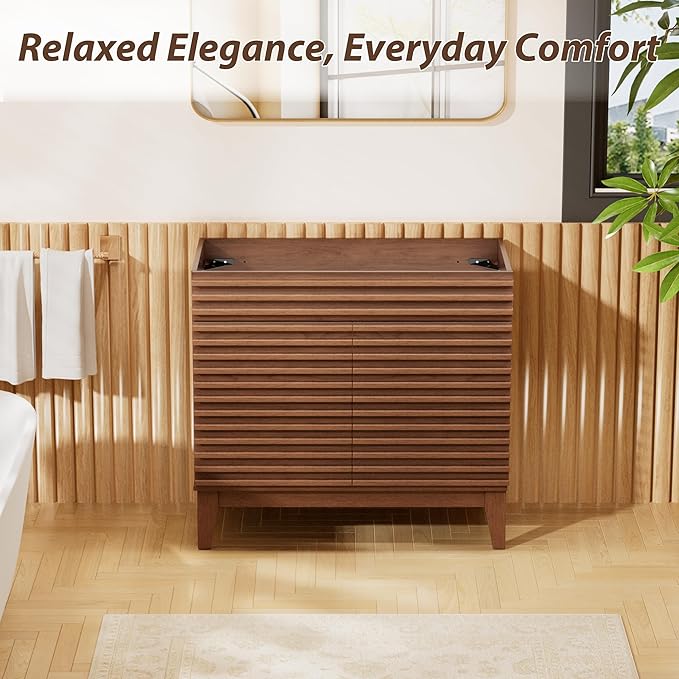 APRILSOUL 36" Bathroom Vanity, Mid-Century Bathroom Vanity Cabinet with 2 Soft Closing Doors, Freestanding Bathroom Cabinet, Particleboard Frame with Wood Grain Laminate, Walnut (Sink Not Included)