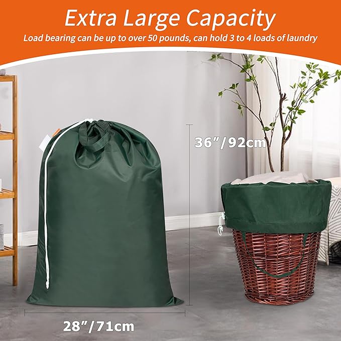 Polecasa 2 Pack Extra Heavy-Duty Laundry Bag 28x36”- Machine Washable Large Storage Bag with Reinforced Handles & Drawstring Closure & ID Tag for College Dorm Travel - Green