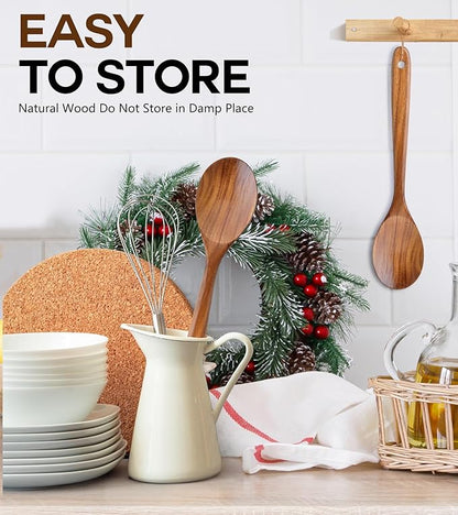 Wooden Spoons for Cooking, Natural Premium Teak Wooden Spoons, Good Grip Large Cooking Spoons and Wooden Spatula, Heat Resistant Wooden Cooking Utensils for Nonstick Cookware Serving, Perfect Gifts