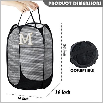 Collapsible Pop Up Laundry Hamper, Extra Large with Removable Initial Letter M, Mesh Foldable Laundry Basket, 28" x 16" x 16" (Black)