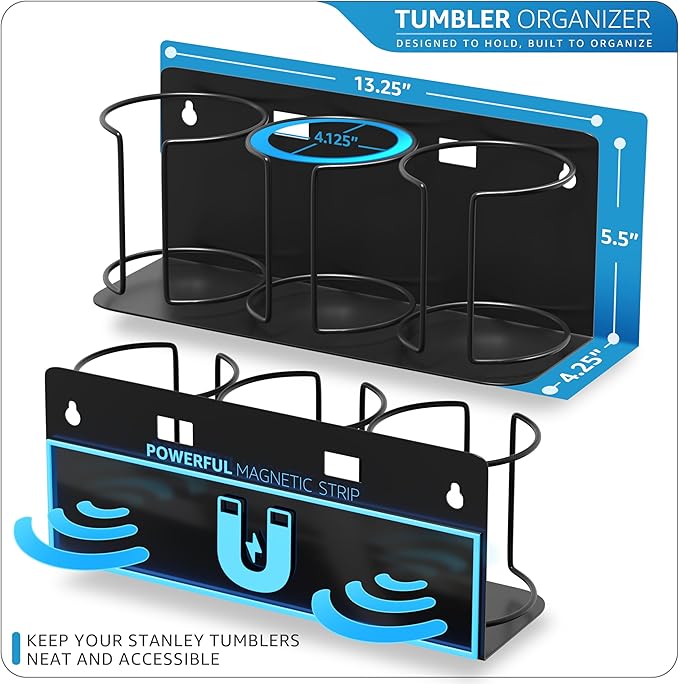 Sorbus Tumbler Cup Organizer – 3-Cup Holder for Cabinet, Fridge, or Wall – Magnetic or Screw Mount – Tumbler Storage Organizer for 20oz 30oz 40oz Cups, Tumblers, and Water Bottles (Black 2-Pack)