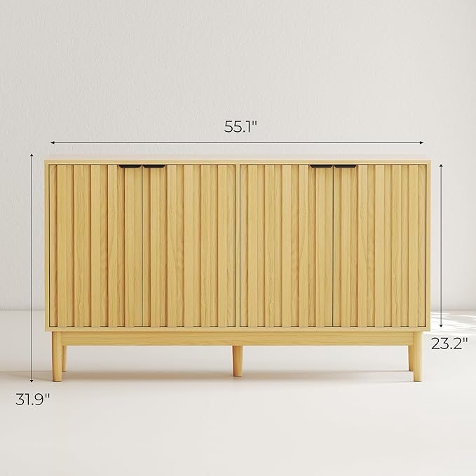 Fluted Cabinet with Storage, Buffet Cabinet Sideborad with 4 Doors, Natural Buffet Storage Accent Cabinets with Adjustable Shelves for Living Room, Entry, Hallway, Kitchen