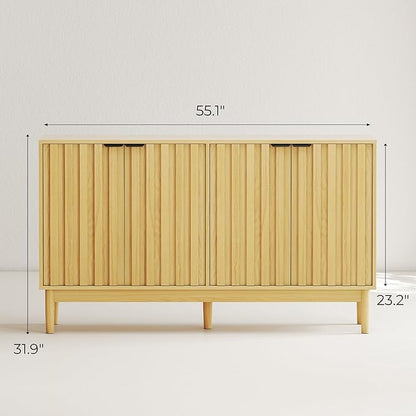 Fluted Cabinet with Storage, Buffet Cabinet Sideborad with 4 Doors, Natural Buffet Storage Accent Cabinets with Adjustable Shelves for Living Room, Entry, Hallway, Kitchen