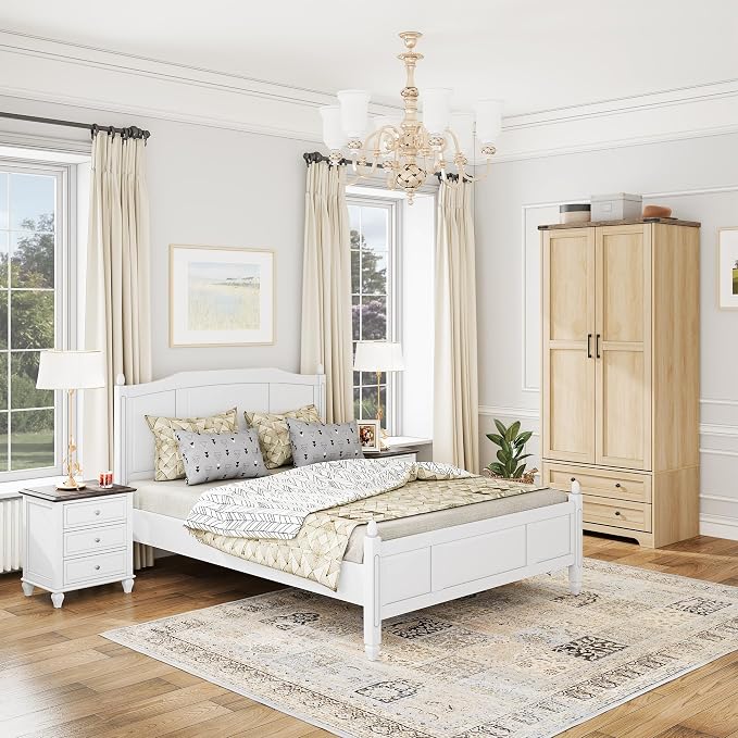 Brafab Armoire Wardrobe Closet with 2 Modern Doors Set of 2, 71" Tall Freestanding Closet Wardrobe Cabinet with Drawers and Hanging Rail, Wooden Storage Cabinet with Shelve for Bedroom, Natural