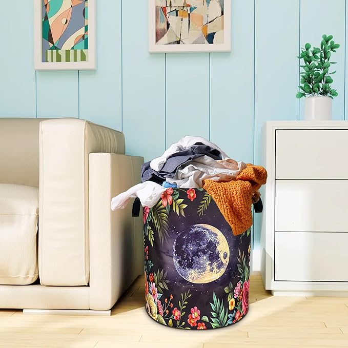 Moon Flowers Laundry Basket Beautiful Night Oxford Cloth Laundry Hamper With Handle Foldable Portable Clothes Storage Basket 18.9 X 16.5 Inch Storage Bag For Laundry Room/Bathroom/Bedroom/Dormitories