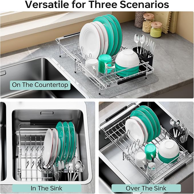 Urackify Dish Drying Rack in Sink - 304 Stainless Steel Expandable (14.5''-18''L) Over The Sink Dish Rack with Utensil Holder, Space-Saving Dish Drainer for Kitchen Counter, Silver