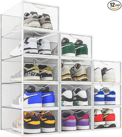 Seseno 12 Pack Shoe Storage Bins, Clear Plastic Stackable Shoe Organizer for Closet, Space Saving Foldable Shoe Rack, Shoe Box Sneaker Holder Container