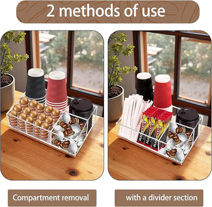 Coffee Station Organizer for Countertop - Clear Acrylic Coffee Bar Accessories and Organizer with Removable Dividers for Pods Condiment Syrup Tea Cups Stirrers Tea Bag - Farmhouse Table Decor