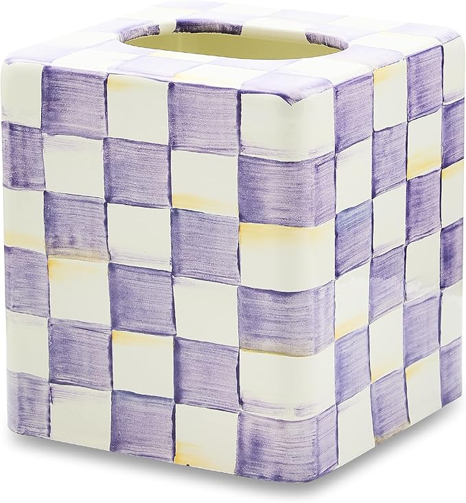 MACKENZIE-CHILDS Boutique Tissue-Box Cover, Square Tissue Holder for Home Decor, Purple-and-White Violet Check