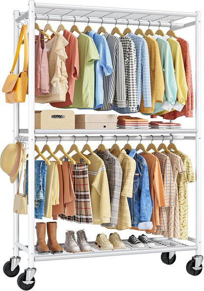 Sakugi Clothes Rack - Double Hanging Rod Clothing Rack with Wheels & Leveling Feet, Large Capacity Wardrobe Closet with Shelves for Bedroom, Laundry Room, Entryway, 45.2" x 12.6" x 80.7", White