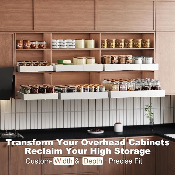 Fokyfok Pull out Cabinet Organizer,Width (18"-25") and Depth (10"-13") Expandable,No Drill Adjustable Slide out Drawers for Pantry,Adhesive Roll out Shelves Short,for upper cabinet,White
