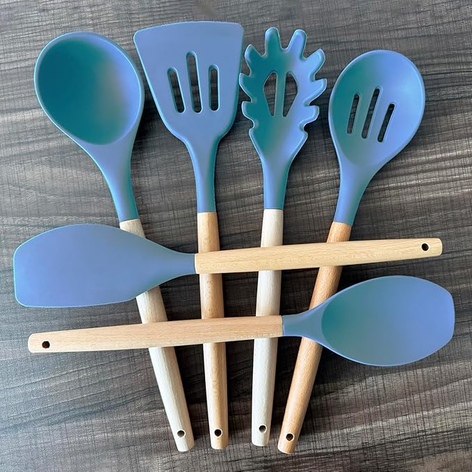 IOCBYHZ Silicone Cooking Utensils Set 6Pcs Heat Resistant Silicone Kitchen Utensils Set for Cooking Spatula Spoon Turner Ladle w Wooden Handle, BPA FREE Kitchen Gadgets for Nonstick Cookware & Baking