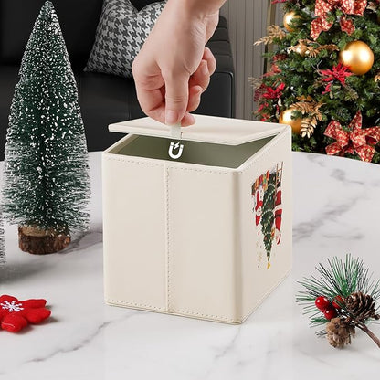 Square Christmas-Themed Tissue Box Cover with A Magnetic Bottom,A Stylish Leather-Decorated Tissue Holder for Living Rooms, Bedrooms, and Office Desks (White Square)