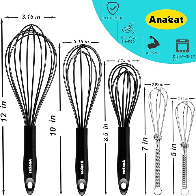 Anaeat Kitchen Whisk Set of 5, Perfect for Non-Stick Cookware, Egg Beater Milk Blender for Whisking, Cooking, Baking - 5"+7" Mini Wire Whisk and 9''+11''+12'' Silicone Balloon Whisks (Black)