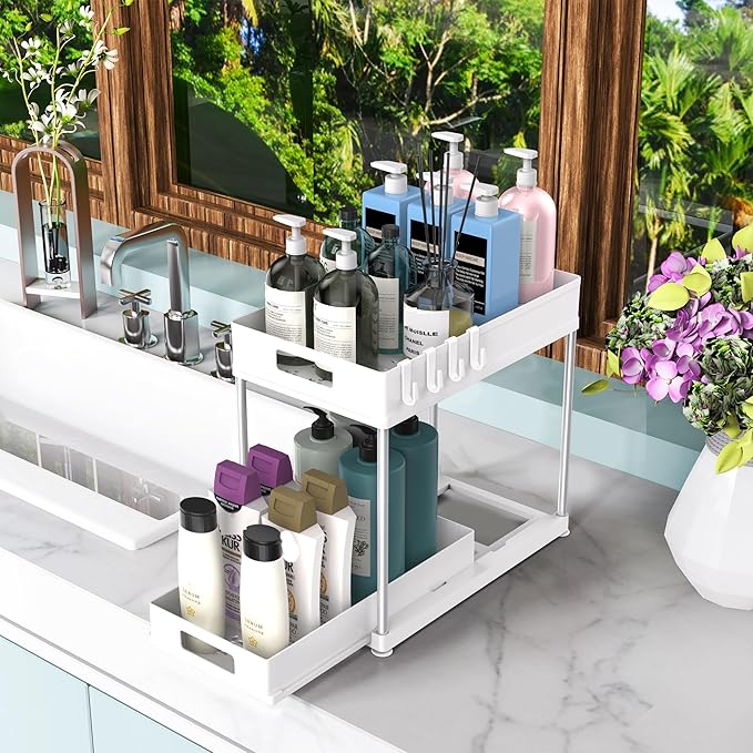 2 Pack Under Sink Organizer with Pull-Out Drawer, 2-Tier Cabinet Storage for Kitchen & Bathroom, Fits Cleaning Supplies & Toiletries, Space Saving for Small Cabinets, Double-layer Sliding White