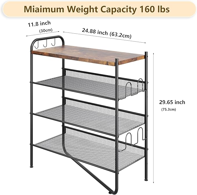 4 Tier Shoe Rack for Entryway, Metal Shoe Rack Organizer Holds 15 Pairs Shoes, Front Door Shoe Storage with Rustic Brown Wooden Top, Vertical shoe rack for Space Saving Shoe Organizer (4-Tiers)