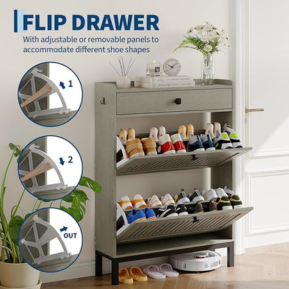 Garvee 2 Flip Drawer Shoe Cabinet with Adjustable Shelves, Hidden Shoe Organizer with Top Drawer, Freestanding Wooden Shoe Rack for Entryway, Hallway, Living Room, Washed Gray