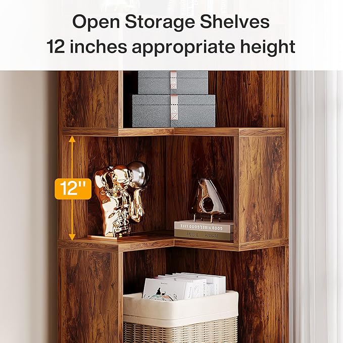 Tribesigns 5-Tier Corner Bookshelf with 2 Drawers, 66.9-Inch Tall Corner Bookcase Shelf, Mid-Century Modern Corner Storage Cabinet Display Rack Shelf for Living Room, Home Office (Rustic Brown)