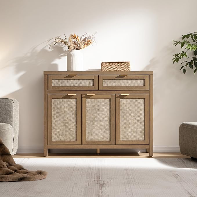 SICOTAS Rattan Sideboard Buffet Cabinet with Storage, Boho Credenza Accent Cabinet with 3 Doors and 2 Drawers, Farmhouse Console Coffee Bar for Kitchen Living Room Entryway, Caramel Oak, 2 PCS