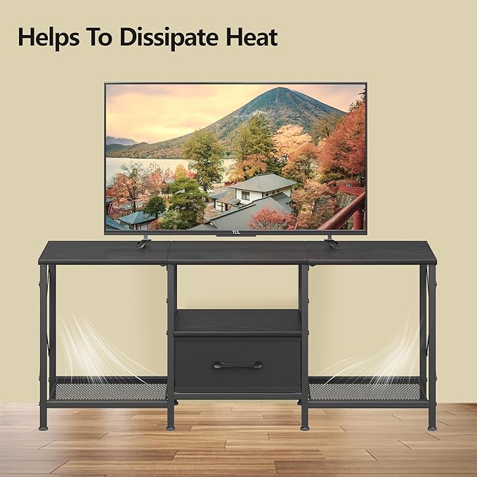 JARHETUN TV Stand with Fabric Drawer, Entertainment Center for 50 55 Inch TV, Industrial TV Console Table with Open Storage Shelves for Living Room, Bedroom, Black