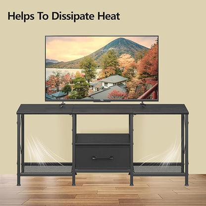 JARHETUN TV Stand with Fabric Drawer, Entertainment Center for 50 55 Inch TV, Industrial TV Console Table with Open Storage Shelves for Living Room, Bedroom, Black