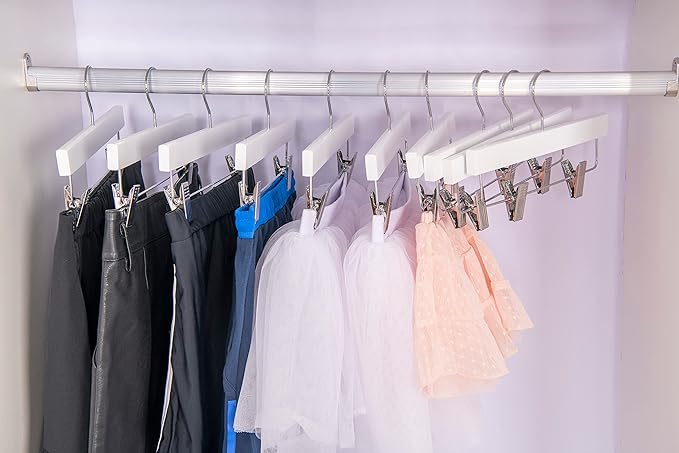 Quality 11 Inches Kids Wooden Pants Hangers 80 Pack - Skirt Hangers with Adjustable Metal Clips 360° Swivel Chrome Hook & Nonslip Notches- Ideal for Clothes Size 8 and Smaller (White, 80)