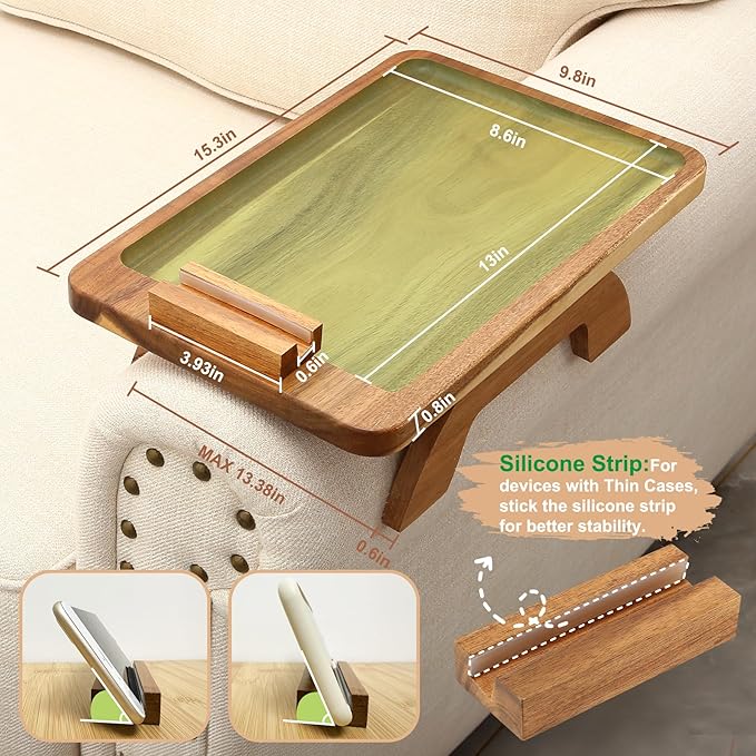 SINWANT Couch Arm Tray, Acacia Wood Sofa Arm Rest Table Clip on Wide Armrest,Folding Anti Slip Couch Armrest Table with 360° Rotating Phone Holder for Snacks,Drinks,Remotes