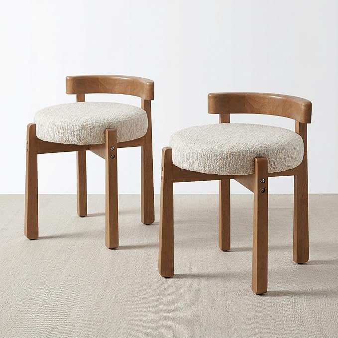 HNY Modern Chenille Vanity Stool & Ottoman Set of 2 Upholstered Round Seat with Solid Wood Legs, for Makeup Dressing, Living Room Footrest or Piano Bench, Beige