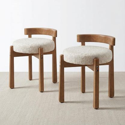 HNY Modern Chenille Vanity Stool & Ottoman Set of 2 Upholstered Round Seat with Solid Wood Legs, for Makeup Dressing, Living Room Footrest or Piano Bench, Beige