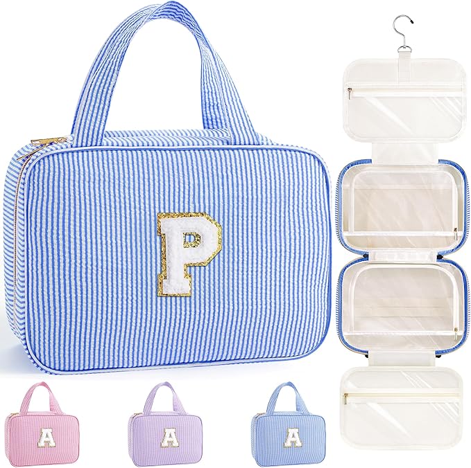 TOPEAST Hanging Toiletry Bag for Women - Travel Initial Toiletry Bag, Portable Toiletries Makeup Pouch, Airplane Travel Essentials - Letter P, Blue