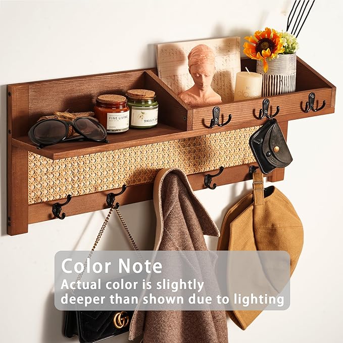 Coat Rack Wall Mount with Hooks & Shelf - Wooden Entryway Organizer for Hanging Coats, Keys, Hangers - Space Saving Durable Wood Holder for Hallway, Bedroom, Office-The Rattan Model