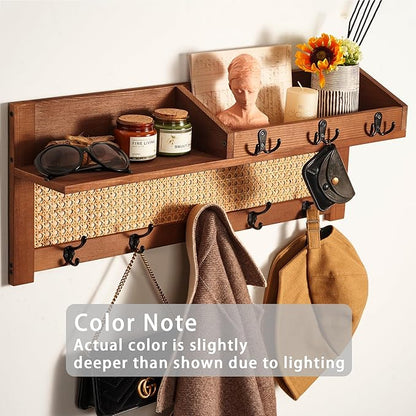 Coat Rack Wall Mount with Hooks & Shelf - Wooden Entryway Organizer for Hanging Coats, Keys, Hangers - Space Saving Durable Wood Holder for Hallway, Bedroom, Office-The Rattan Model