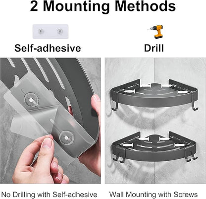 DUFU Adhesive Corner Shower Caddy with Hooks,Bathroom Shower Organizer, No Drilling Rust Proof Aluminum Shower Shelf for Inside Shower 2 Pack (Grey)