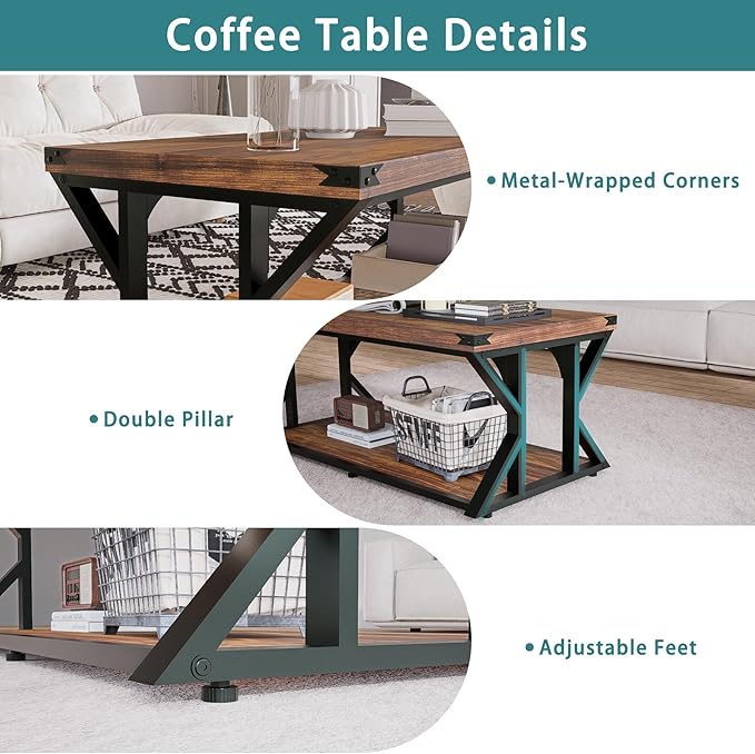Rectangular Coffee Table, 43" Industrial Living Room Center Tables with Storage Shelf, Heavy-Duty Farmhouse Cocktail Tea Table with Angle Iron Tabletop&Metal Frame, Rustic Brown
