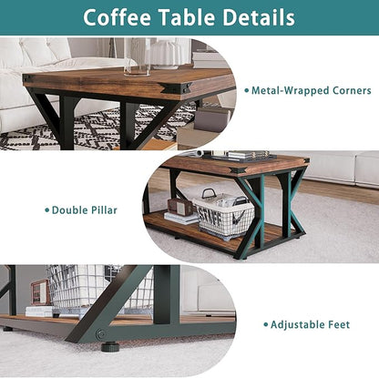 Rectangular Coffee Table, 43" Industrial Living Room Center Tables with Storage Shelf, Heavy-Duty Farmhouse Cocktail Tea Table with Angle Iron Tabletop&Metal Frame, Rustic Brown