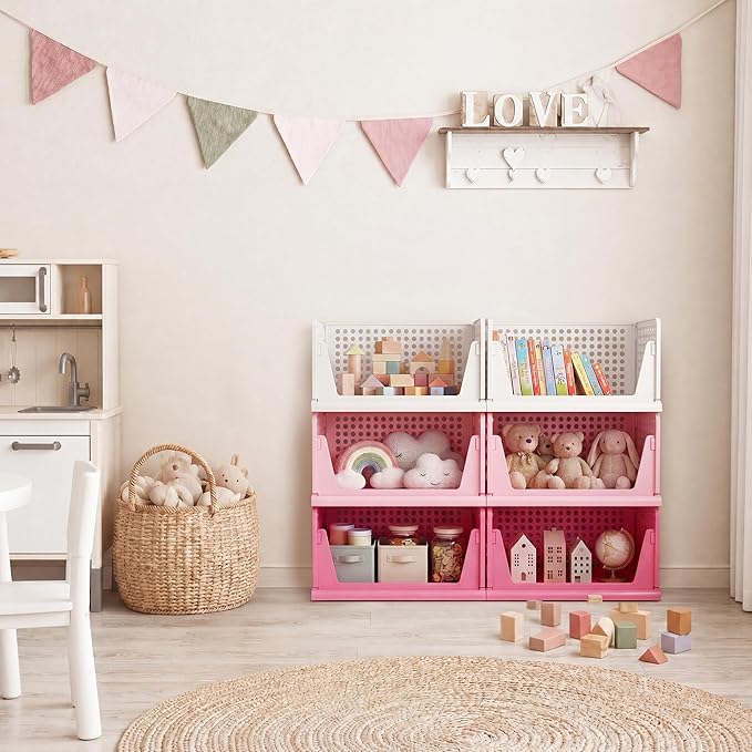 Pink Girl Closet Organizers and Storage Stackable Plastic Drawer Basket for Clothing Stackable Storage Bins Shelf Storage Container for RV Closet Wardrobe Bedroom Bathroom Playroom 6 Pack