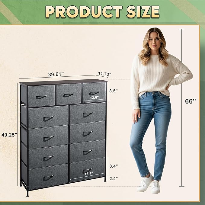 Tall Console Table with 11 Fabric Drawers, Entryway Table with Storage, Tall Storage Organizer with Wood Top, Steel Frame for Living Room, Hallway, Office, Dark Grey