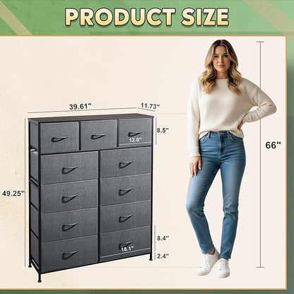 Tall Console Table with 11 Fabric Drawers, Entryway Table with Storage, Tall Storage Organizer with Wood Top, Steel Frame for Living Room, Hallway, Office, Dark Grey