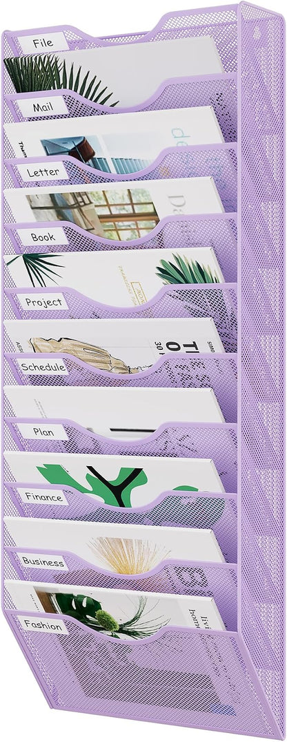 EasyPAG 10 Pocket Mesh Wall File Organizer, Hanging Paper Folder Holder with Classify Label, Vertical Wall Mount Mail Organizer for Office Home Classroom, Purple