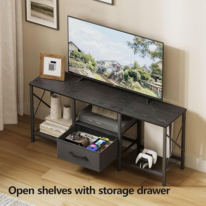 JARHETUN TV Stand with Fabric Drawer, Entertainment Center for 50 55 Inch TV, Industrial TV Console Table with Open Storage Shelves for Living Room, Bedroom, Black