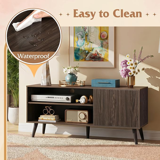 WLIVE TV Stand for 55 Inch TVs, Entertainment Center with Storage Cabinet, Mid-Century Modern TV Stands for Living Room, Media TV Console, Dark Walnut