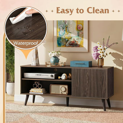 WLIVE TV Stand for 55 Inch TVs, Entertainment Center with Storage Cabinet, Mid-Century Modern TV Stands for Living Room, Media TV Console, Dark Walnut