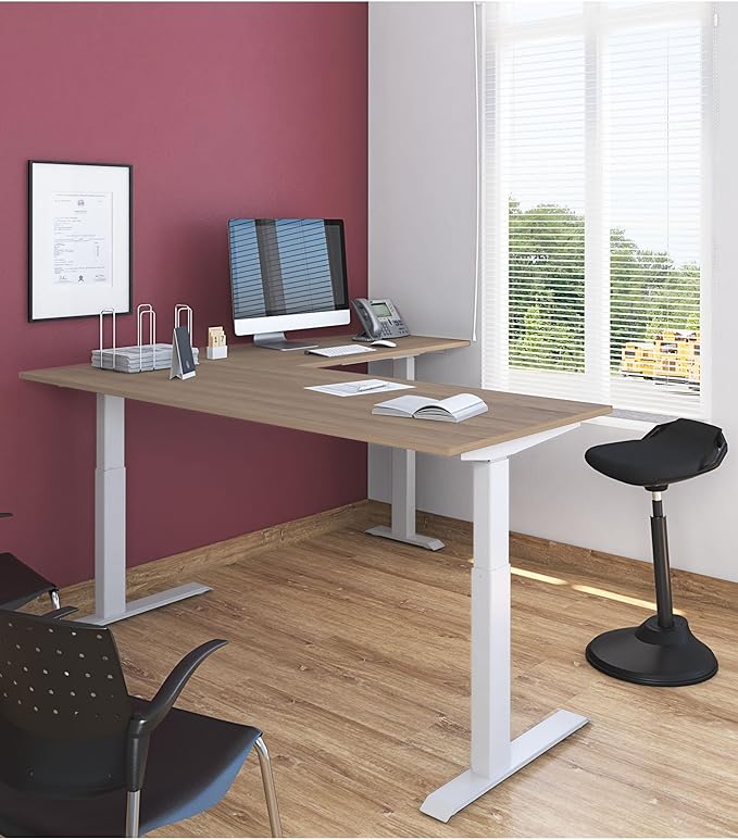 Stand Up Desk Store Triple Motor Electric L-Shaped Corner Standing Desk with EZ Assemble Frame (White Frame/Natural Walnut Top, 71" W x 71" D)