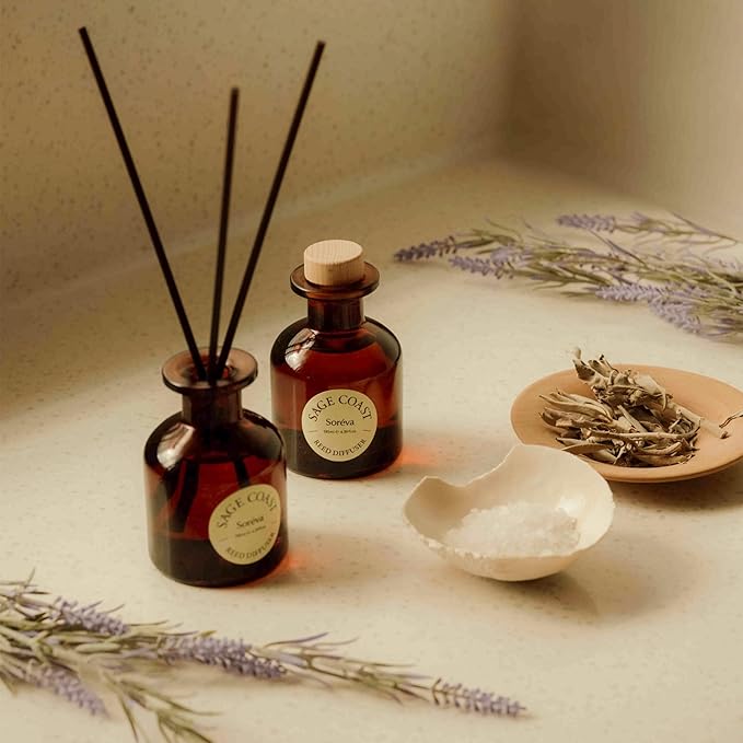 Soréva Sage and Sea Salt Reed Diffuser Set, Plant-Based Oil, Coastal Herbal & Clean Marine Scent, Long-Lasting Luxury Home Fragrance & Office Decor, Relaxing Aromatherapy Gift Set, 7 Reeds, 4.39 fl oz