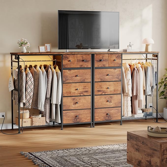 OLIXIS 6 Storage for Bedroom with Hanging Rack with LED Lights & Charging Station, Fabric Chest of Storage with Rack, Wooden Top, for Home Living Room Entryway Oak Greige