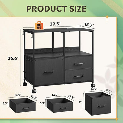 DEVAISE 3 Drawer File Cabinet with Charging Station, Rolling Printer Stand for Office Storage, Mobile Filing Cabinet fits Under Desk Storage, Black