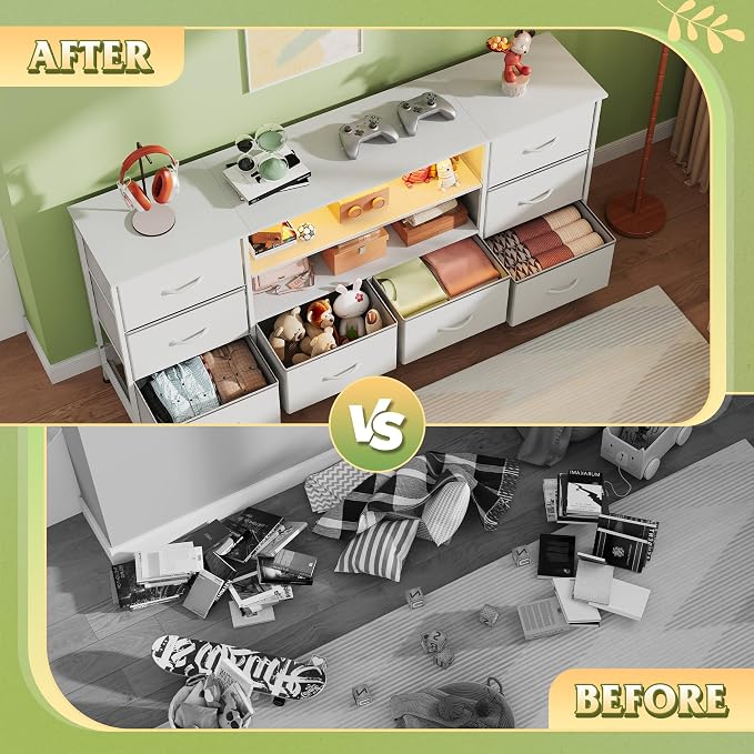 WLIVE TV Stand Dresser for 65,70 inch TV, Entertainment Center with LED Lights & 8 Long Fabric Drawers, Dresser TV Stand for Bedroom and Living Room, White